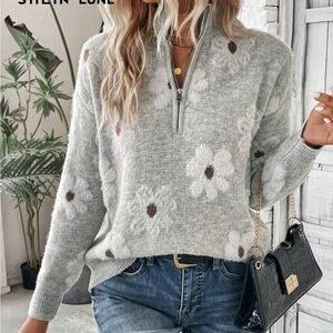 SHEIN Gray Floral Sweater